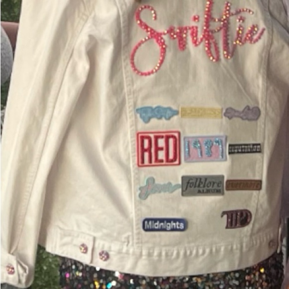Taylor white ERAS TOUR Jean Jacket with Colorful Patches
